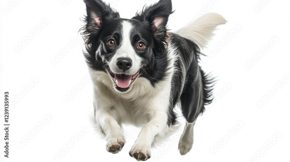 Energetic border collie leaping joyfully on white background Energetic border collie leaping joyfully on white background
