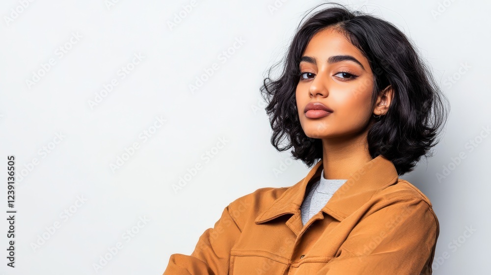 Young Woman Posing in Brown Jacket Against White Background Young Woman Posing in Brown Jacket Against White Background