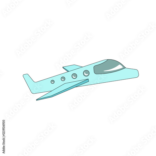 The aircraft is light turquoise in color, with smooth lines and an elegant design. It has large round windows and neat wings that emphasize its modern style. The flying shape gives a feeling of speed 