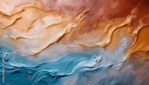 Abstract blue and orange oil painting depicting waves crashing on the shore