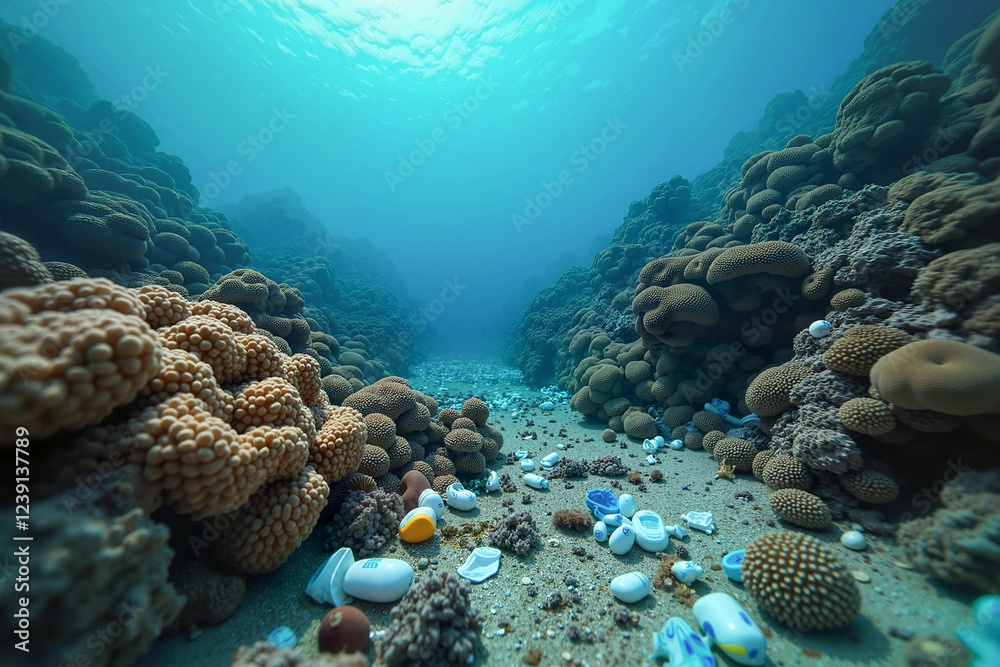 Obraz premium Underwater coral reef landscape littered with plastic waste, showcasing environmental pollution crisis on World Water Day.