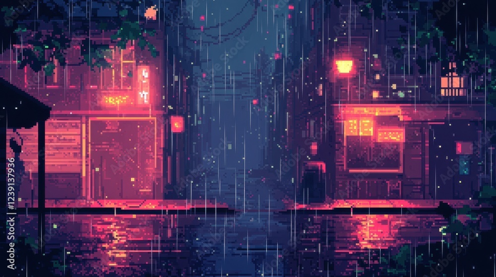 Fototapeta premium Rainy Night Cityscape Pixel Art Digital Illustration