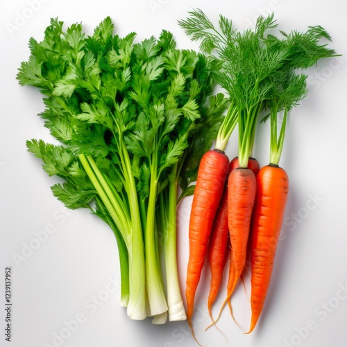 Fresh Carrots Bunch with Stalks on White Background - Culinary and Dieting Organic Vegetables for Healthy Cooking photo