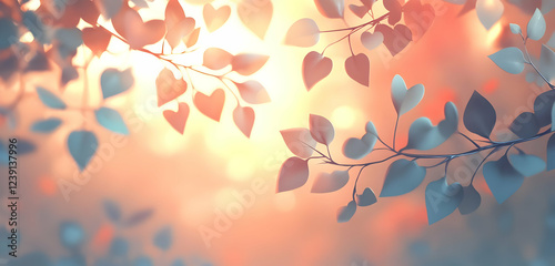 A soft pastel-colored nature background, blurred with light shining through leaves, giving off a peaceful and loving vibe, with heart shapes subtly appearing in the design.