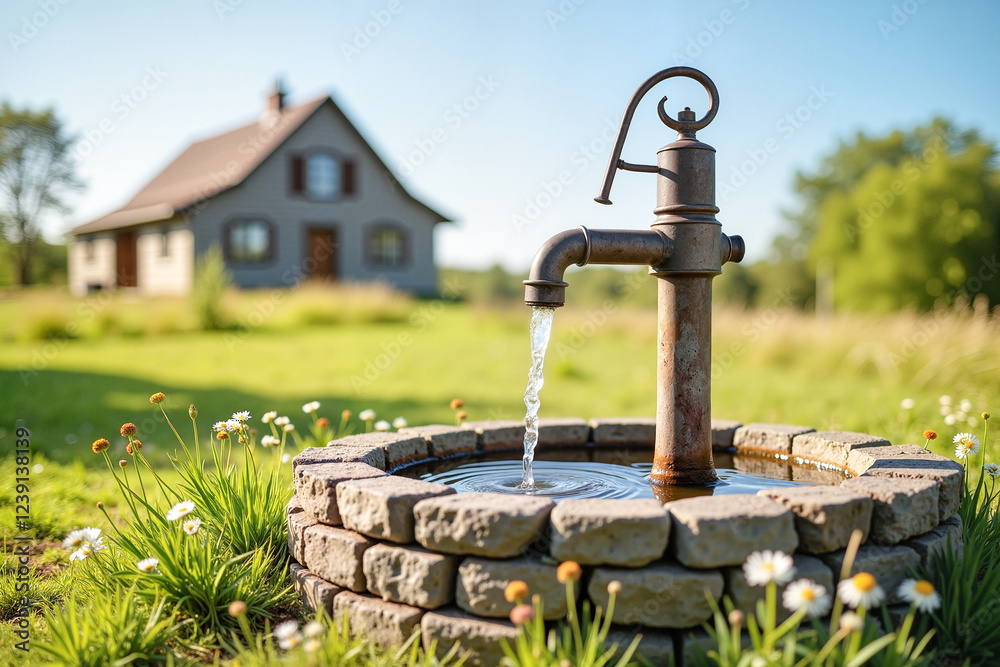 Rustic hand pump with flowing water beside stone well at rural homestead, symbolizing World Water Day and the importance of water conservation. Rustic hand pump with flowing water beside stone well at rural homestead, symbolizing World Water Day and the importance of water conservation.