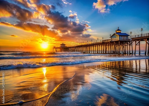 Oceanside Pier & Pacific Ocean, California Coastline Sunrise Stock Photo