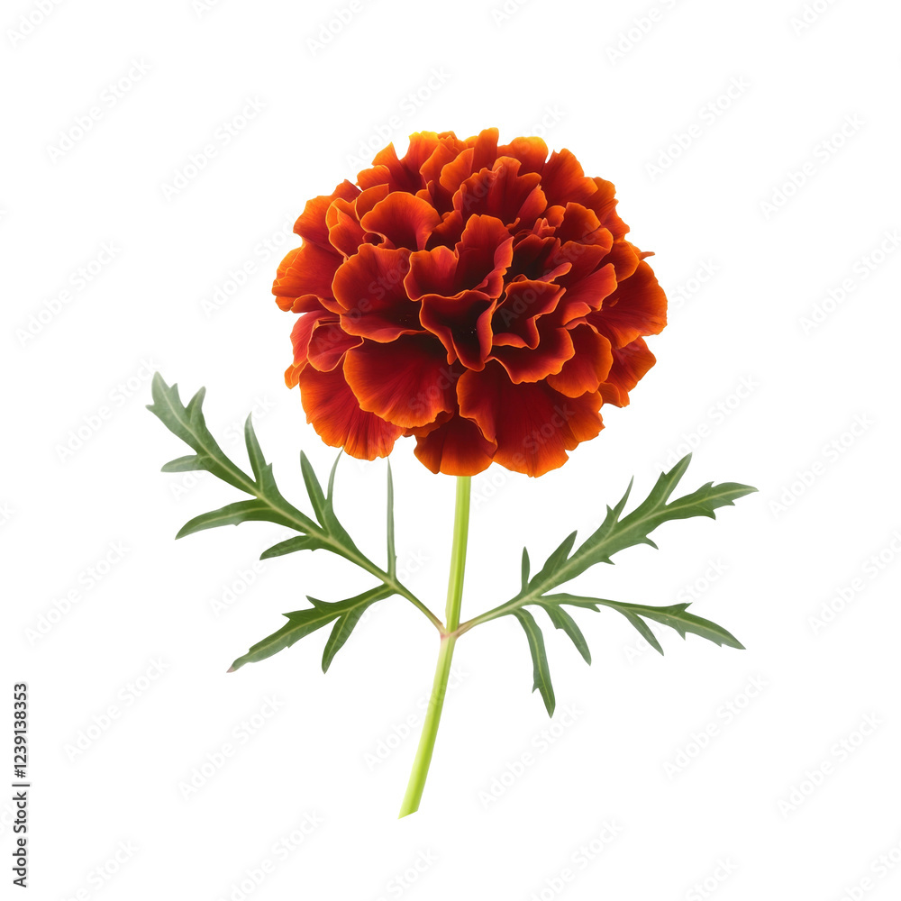 Red Marigold Flower with Detailed Petals and Green Stem Isolated, png, cutout Red Marigold Flower with Detailed Petals and Green Stem Isolated, png, cutout