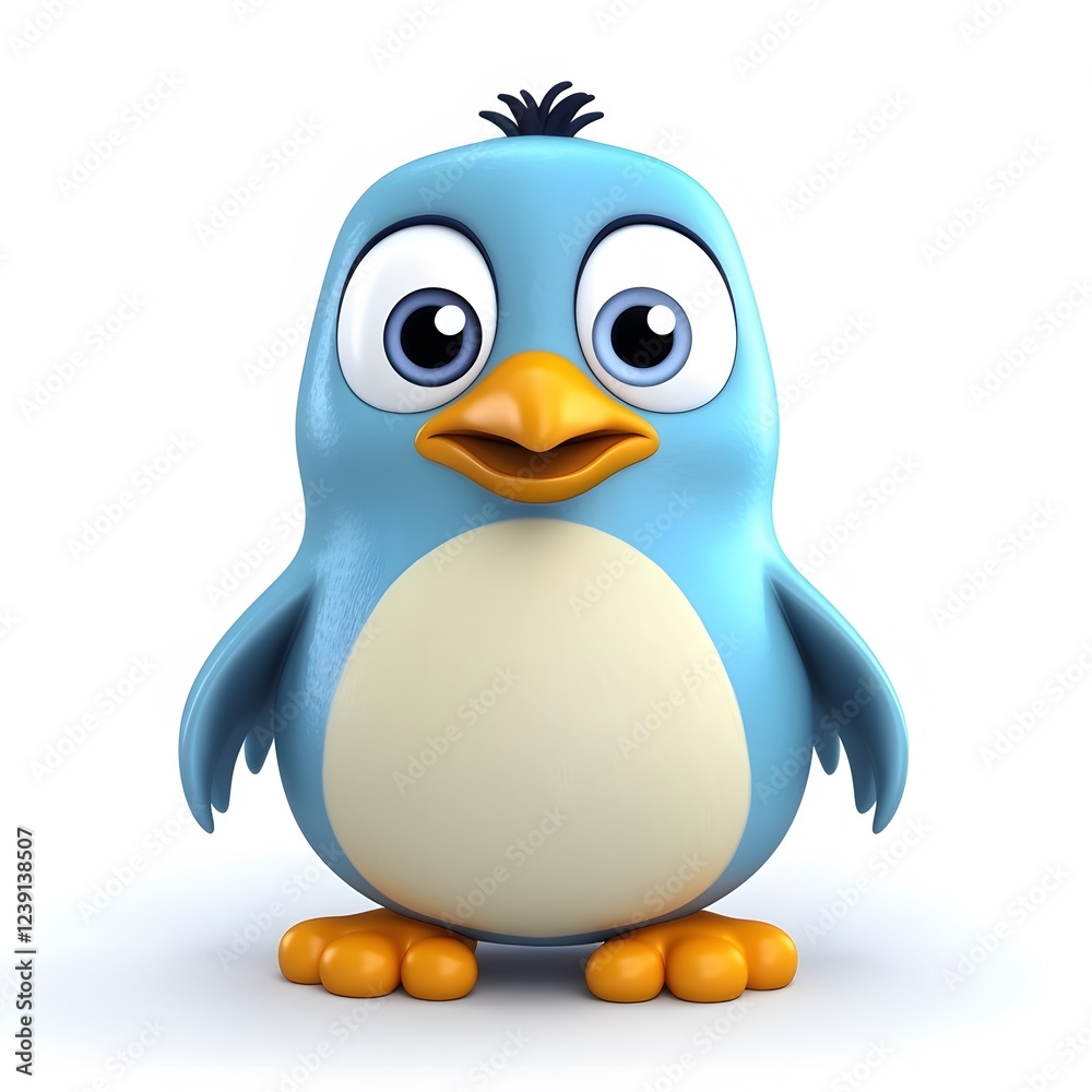 Fototapeta premium Cute baby blue bird cartoon, standing, white background, children's book illustration