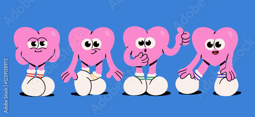Very cute, adorable Hearts with eyes, legs in socks. Various poses, emotions. Love, Valentine's day, romance concept. Funny cartoon style characters. Hand drawn Vector illustration. Isolated elements
