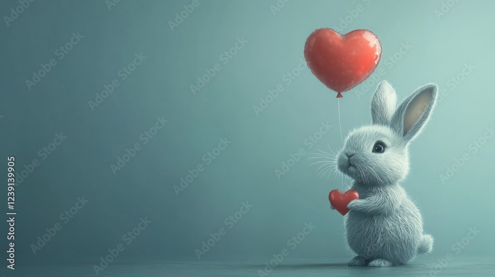Fototapeta premium Adorable Fluffy Rabbit Holding a Heart with a Red Heart Balloon