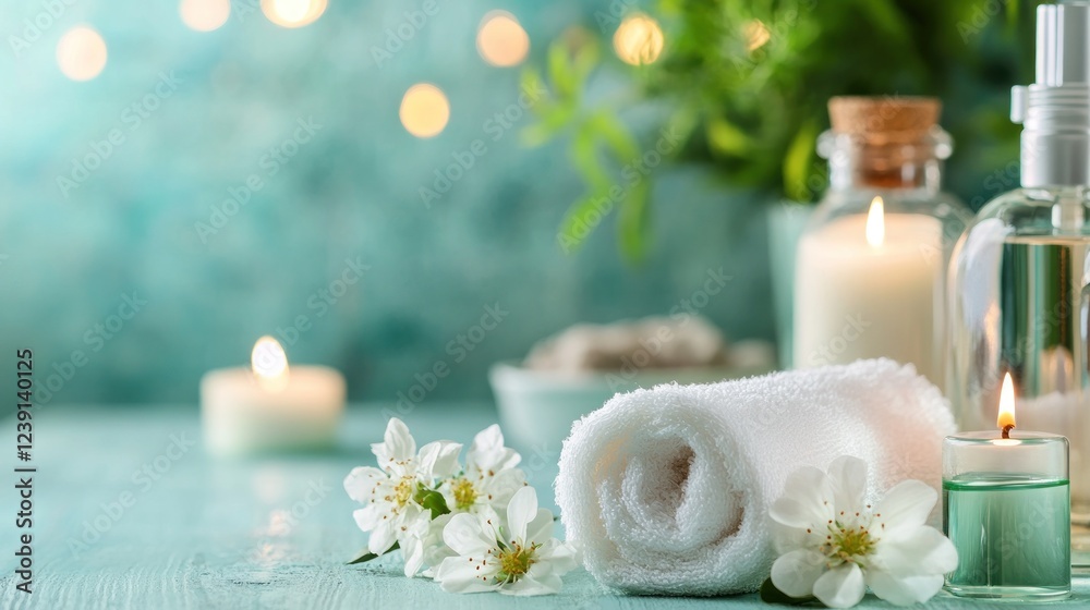 Serene Spa Setting With Candles Flowers And Towel Serene Spa Setting With Candles Flowers And Towel