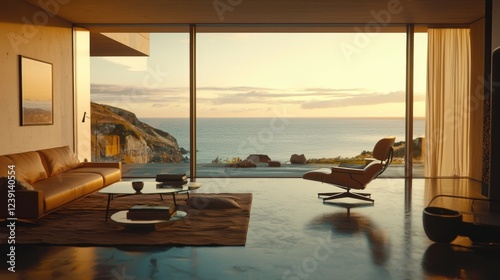 Stunning sunset over the ocean seen from a modern home's living room