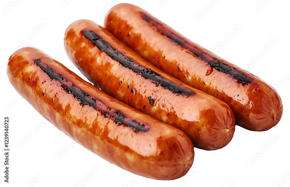 Grilled pork bangers, cooked sausages bbq, isolated on transparent background Grilled pork bangers, cooked sausages bbq, isolated on transparent background