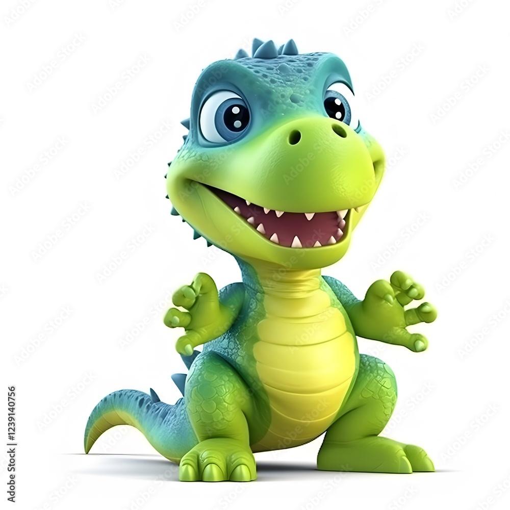 Fototapeta premium Cute cartoon dinosaur, posing, white background, digital art, children's book