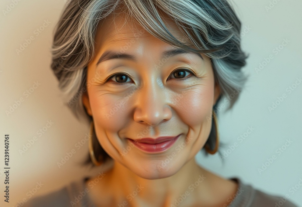 Naklejka premium Young Asian woman with gray hair in a neutral background