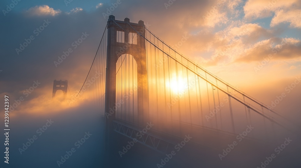 Obraz premium Golden sunlight pierces through fog at a bridge during a cloudy evening in a serene atmosphere. Generative AI