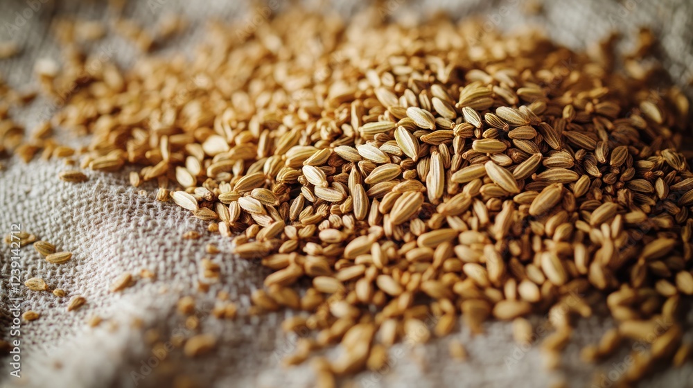 Golden fennel seeds scattered on a textured surface in natural light during daytime. Generative AI Golden fennel seeds scattered on a textured surface in natural light during daytime. Generative AI