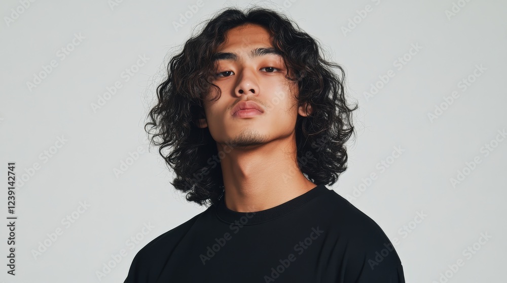 Obraz premium Young Man with Curly Hair Wearing a Black Shirt