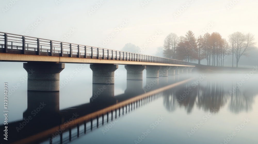 Morning fog envelops a tranquil bridge over a still river surrounded by autumn trees. Generative AI Morning fog envelops a tranquil bridge over a still river surrounded by autumn trees. Generative AI