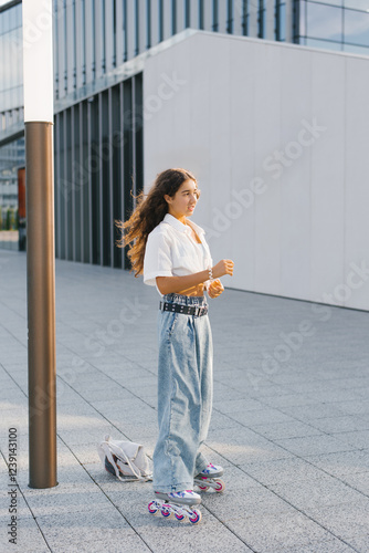 Girl On Roller Skates Outdoors