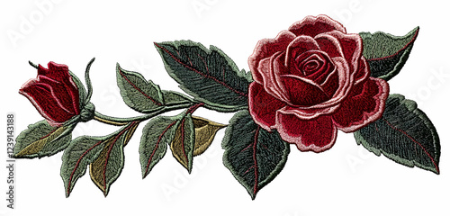 Fototapeta Naklejka Na Ścianę i Meble -  A stitched embroidered rose patch, digitally designed with intricate details, isolated on a transparent background, perfect for personalization.