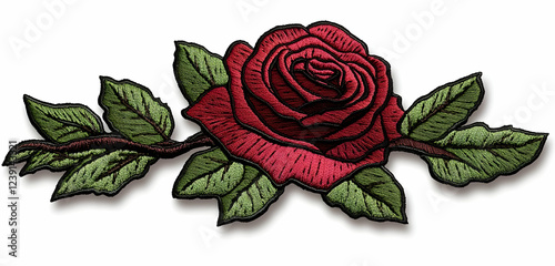 A stitched embroidered rose patch, digitally designed with intricate details, isolated on a transparent background, perfect for personalization.