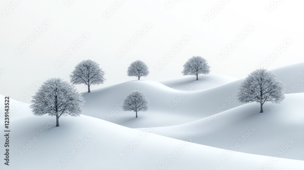 Fototapeta premium Snow-covered landscape with trees on gentle hills during winter time in a tranquil setting. Generative AI