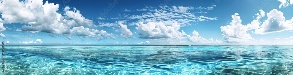 Endless Horizon of Calm Ocean Waters and White Fluffy Clouds Reflecting Above Endless Horizon of Calm Ocean Waters and White Fluffy Clouds Reflecting Above