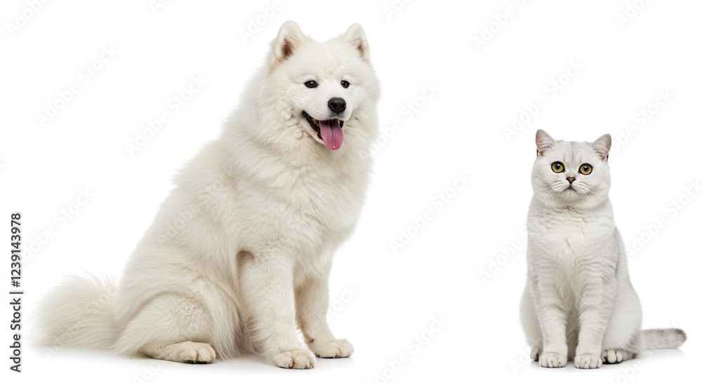 Fluffy Samoyed Dog and British Shorthair Cat Studio Shot Fluffy Samoyed Dog and British Shorthair Cat Studio Shot
