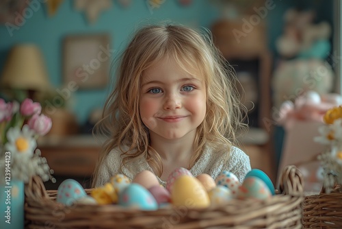 Children opening Easter gifts, smiling with colorful Easter eggs in front. Concept celebrates joy of children during festive occasions with Easter celebrations. photo