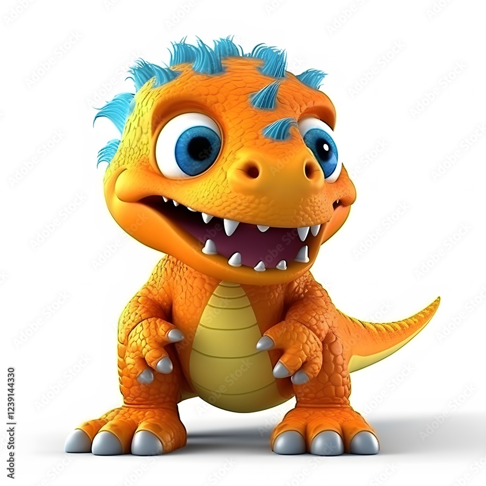 Fototapeta premium Cute orange cartoon dinosaur posing on white background, for kids' books