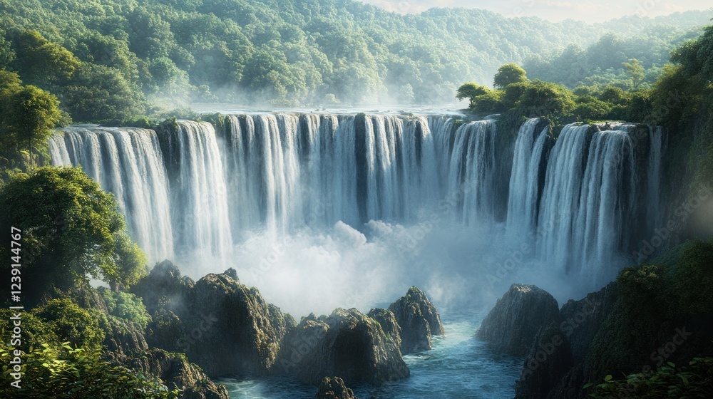 Fototapeta premium Majestic cascading waterfall surrounded by lush greenery in a serene natural landscape. Generative AI