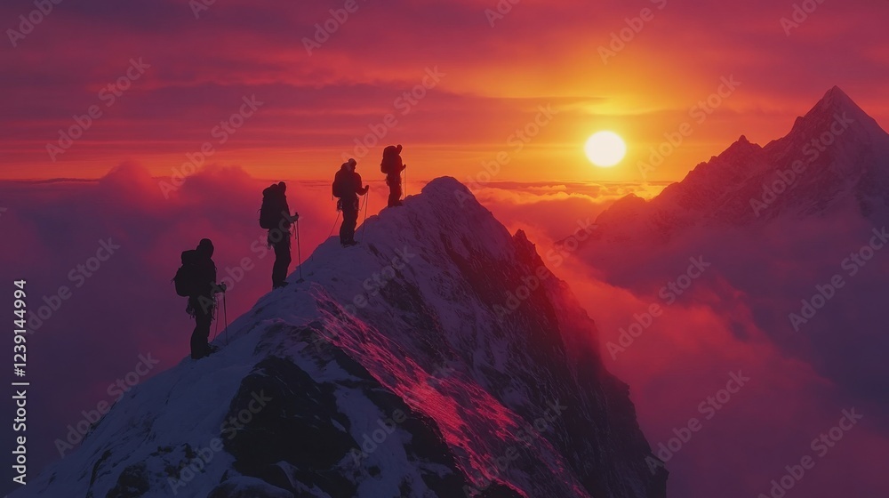 Four climbers on snowy mountain ridge at sunset with orange sky and silhouetted peaks Four climbers on snowy mountain ridge at sunset with orange sky and silhouetted peaks