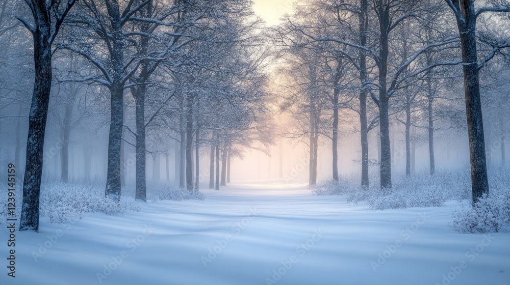 Snow-covered pathway through trees in a foggy winter landscape at dawn. Generative AI Snow-covered pathway through trees in a foggy winter landscape at dawn. Generative AI