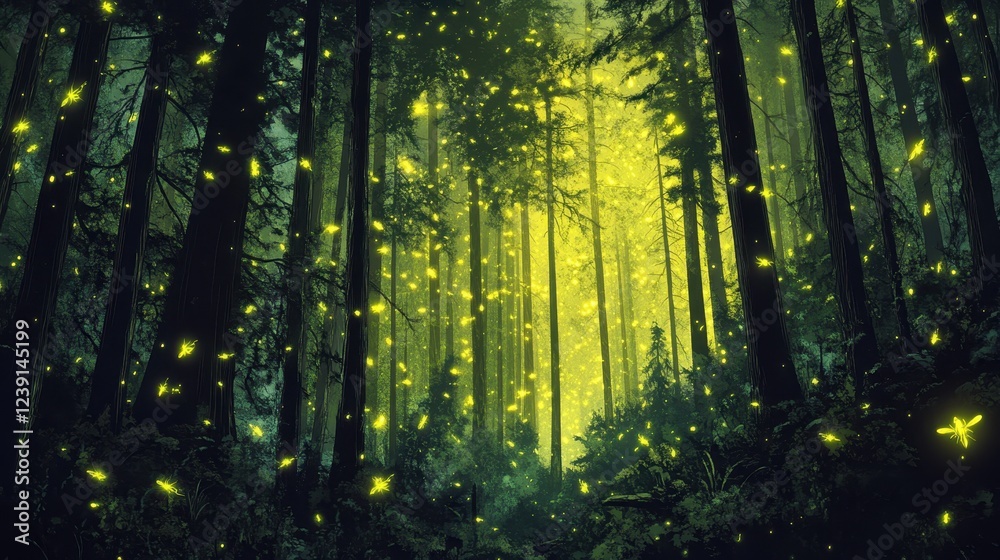 Fototapeta premium Enchanted Forest Illuminated By Fireflies Flight