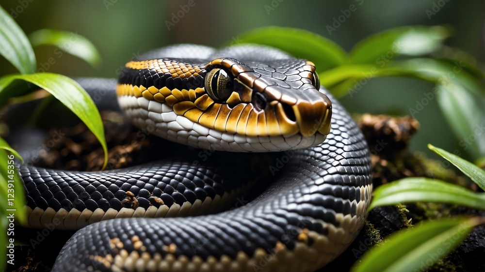 closeup of a snake on a rainforest background closeup of a snake on a rainforest background