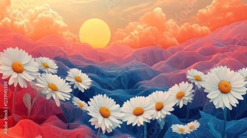Vibrant sunset landscape with daisies and colorful sky over rolling hills