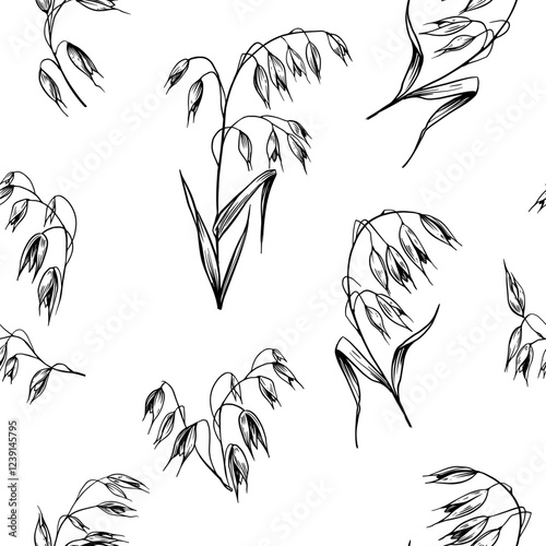 Oats seamless pattern, grains, plant, cereals, realistic sketches, vector illustrations
