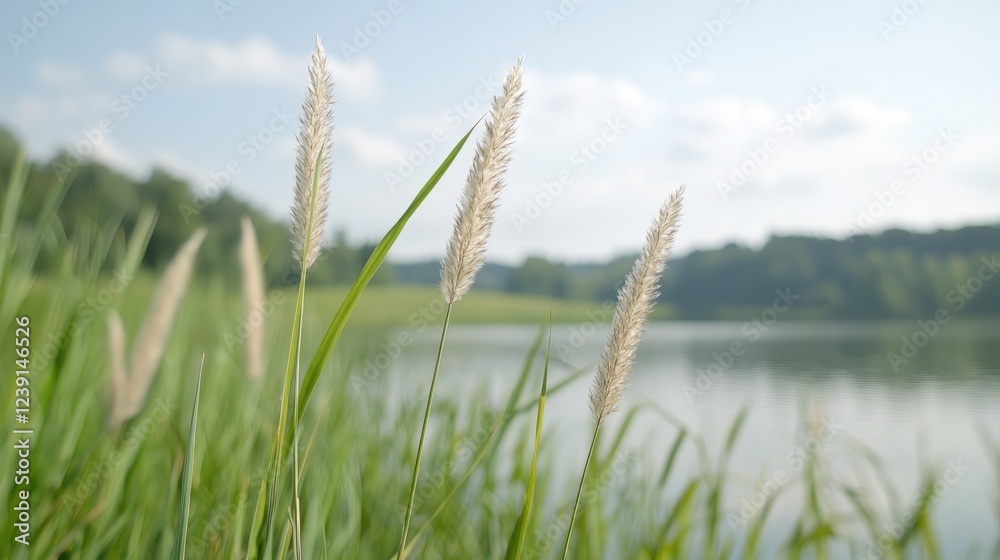 Fototapeta premium Lakeside grasses, summer day, tranquil scene, nature background, website header