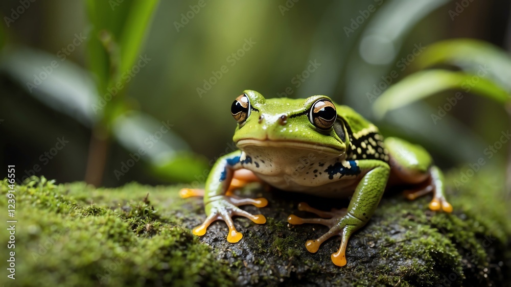closeup of a frog on a rainforest background closeup of a frog on a rainforest background