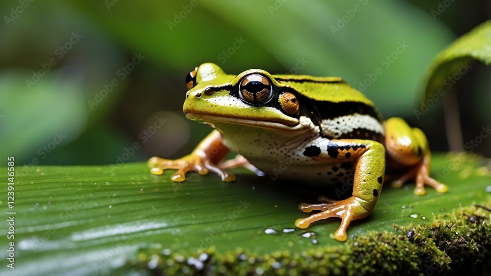 closeup of a frog on a rainforest background closeup of a frog on a rainforest background