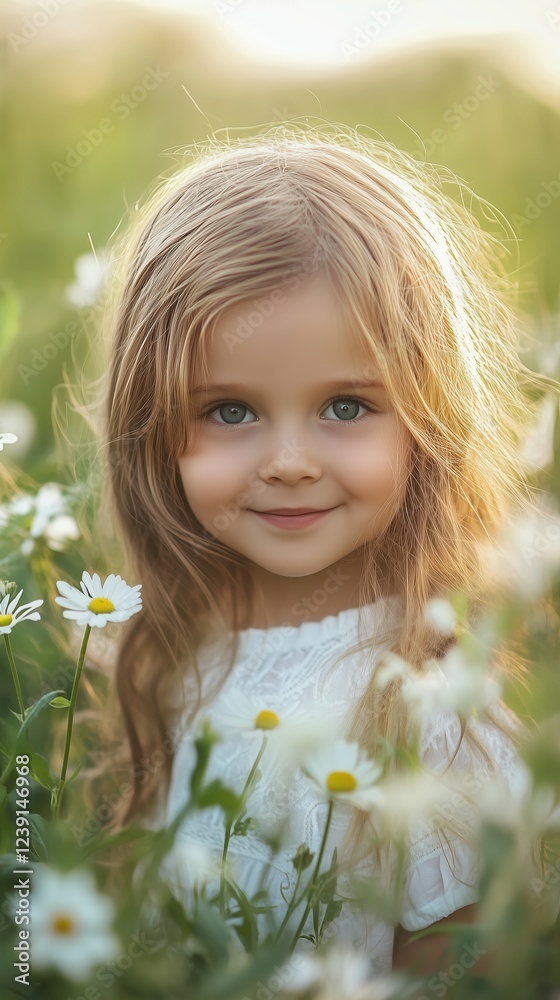 Smiling girl surrounded by wildflowers in a sunlit meadow during a summer afternoon Smiling girl surrounded by wildflowers in a sunlit meadow during a summer afternoon
