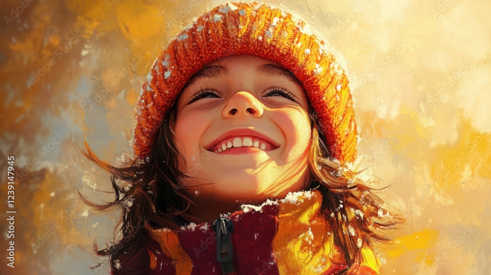 Joyful child in winter, smiling under a bright orange knit hat with snowflakes Joyful child in winter, smiling under a bright orange knit hat with snowflakes
