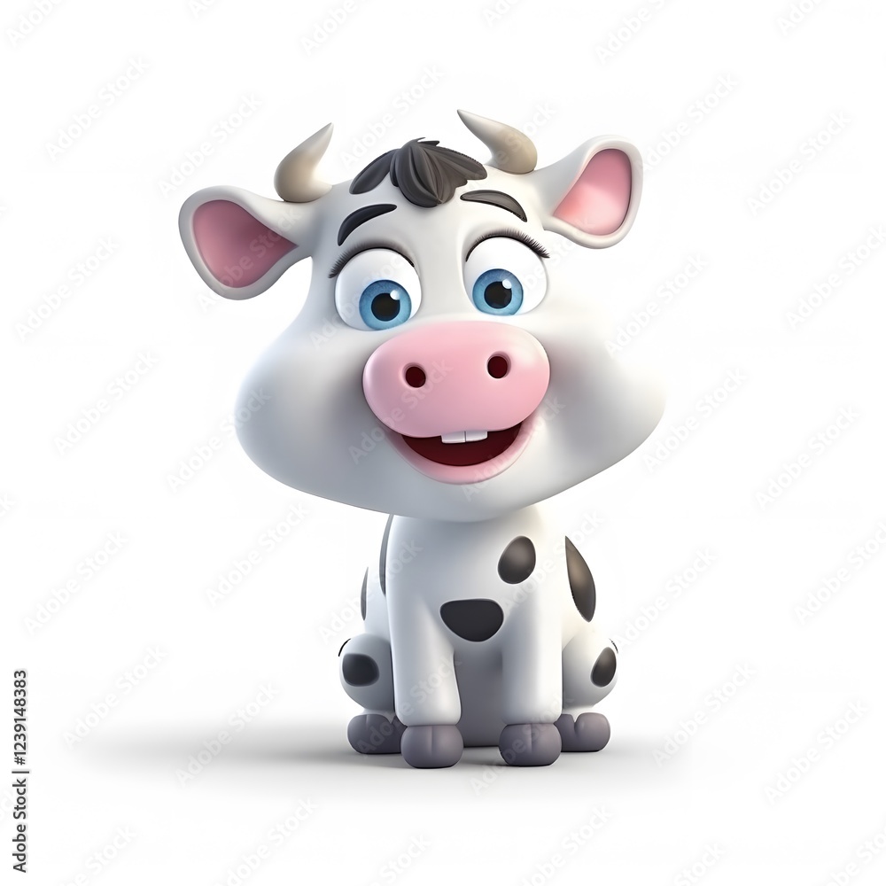 Happy cartoon calf sitting, white background, 3D render, children's book illustration Happy cartoon calf sitting, white background, 3D render, children's book illustration