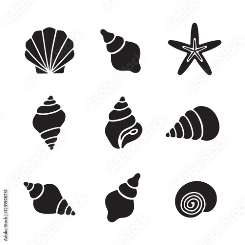 Silhouette seashells, starfish icons, minimalist beach symbols