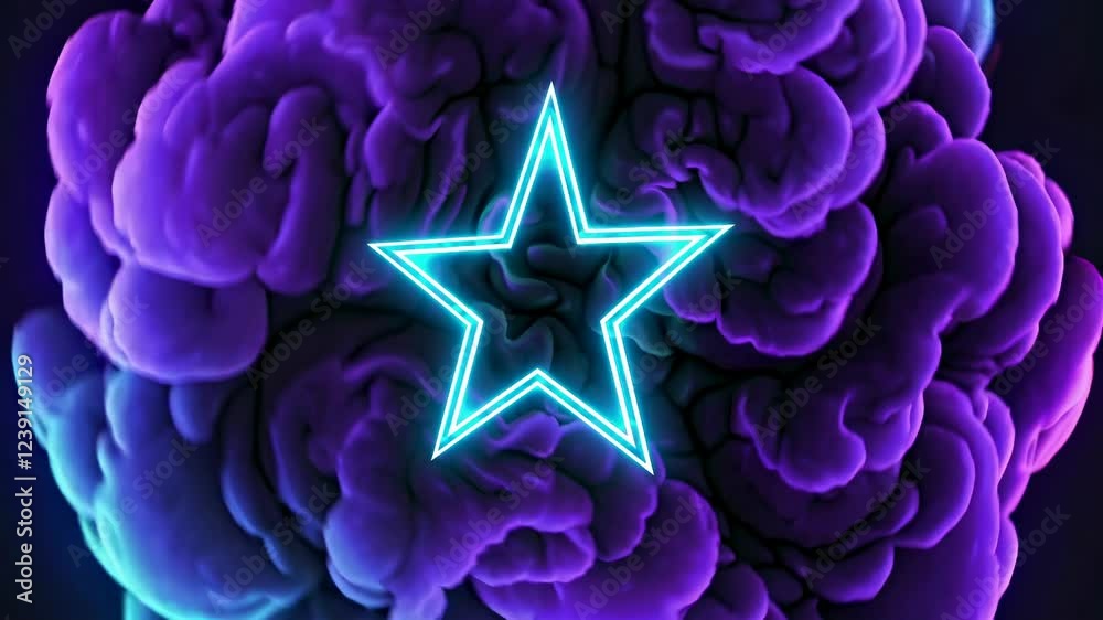 Bright neon star shining through a swirling, multicolored cloud of smoke, creating a mesmerizing visual effect filled with vibrant colors and an otherworldly atmosphere