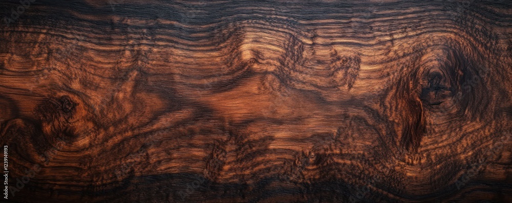 Dark Walnut Wood Texture Close-up with Intricate Grain Patterns Natural Lighting Background
