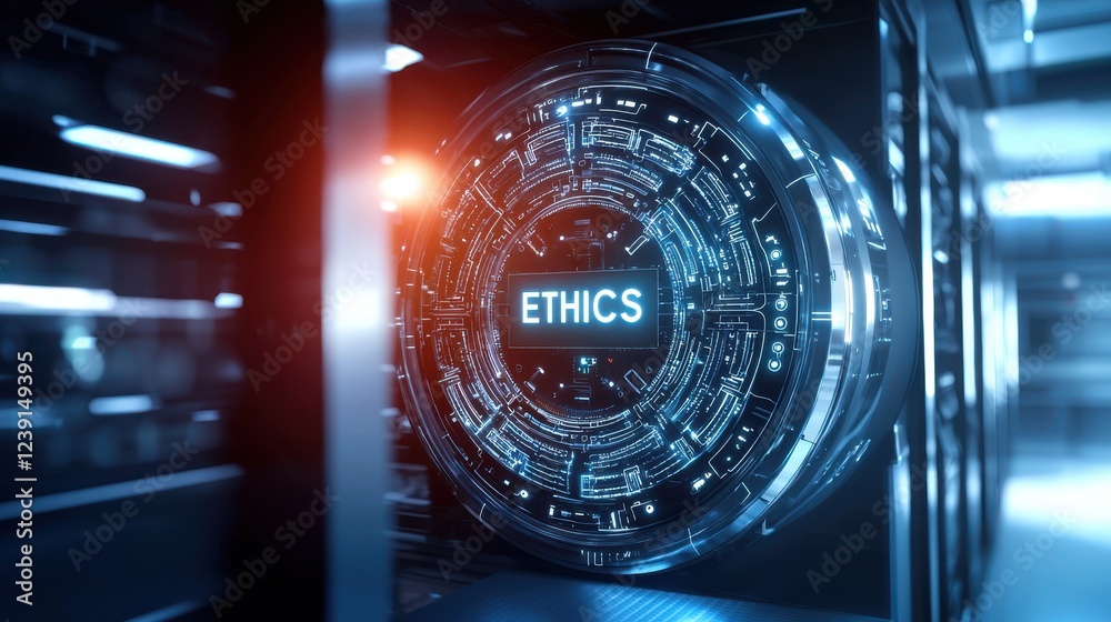 Digital representation of ethics with a futuristic design and glowing elements in a tech environment. Digital representation of ethics with a futuristic design and glowing elements in a tech environment.