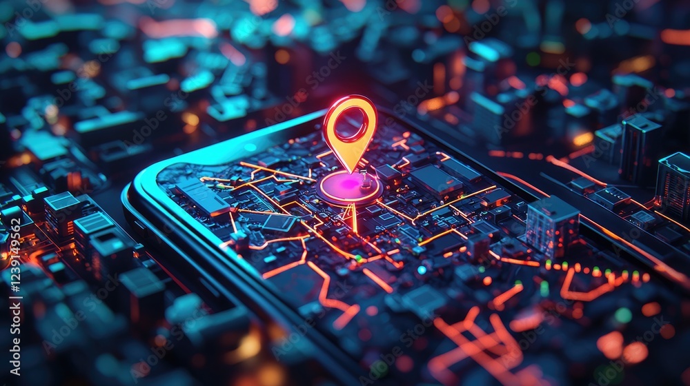 Neon Cityscape Location Pin on Smartphone Circuit Board Neon Cityscape Location Pin on Smartphone Circuit Board