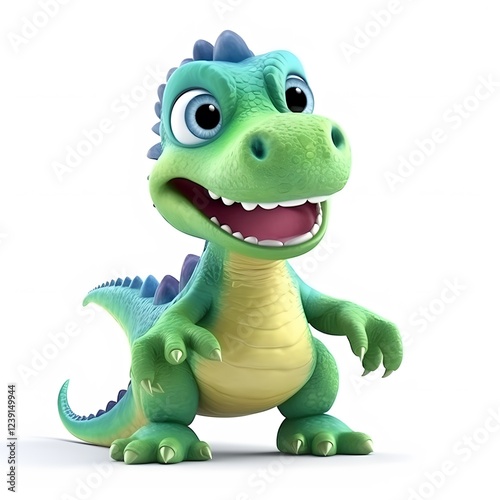 Happy cartoon dinosaur on white background, children's book illustration